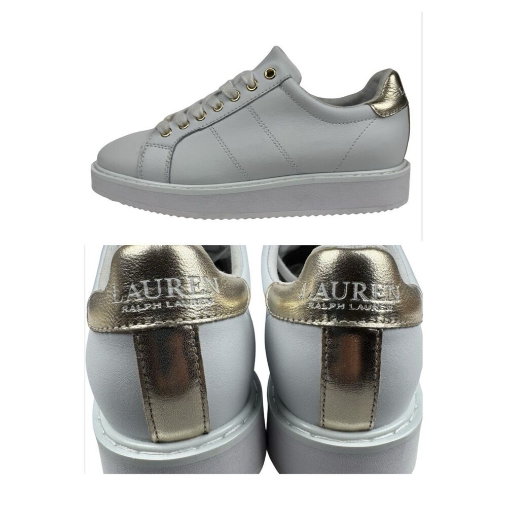 Polo Ralph Lauren Womens Size 7.5 Sneakers Leather Shoes Angeline White Gold New